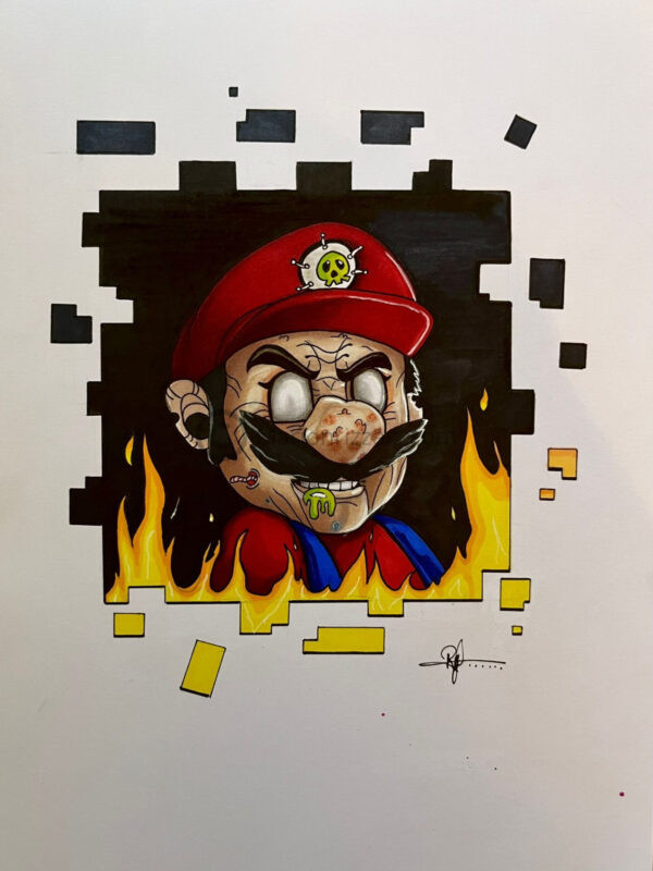 Visage du personnage Mario à l'intérieur d'un cadre en feu